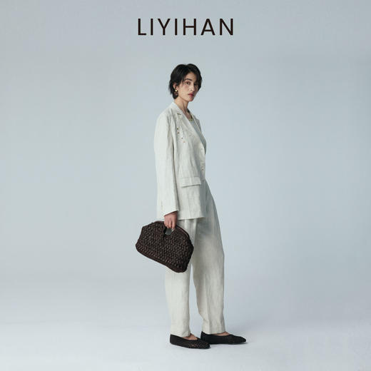 LIYIHAN2026夏新款通勤女西装上衣米杏色亚麻外套套装小众设计感 商品图3