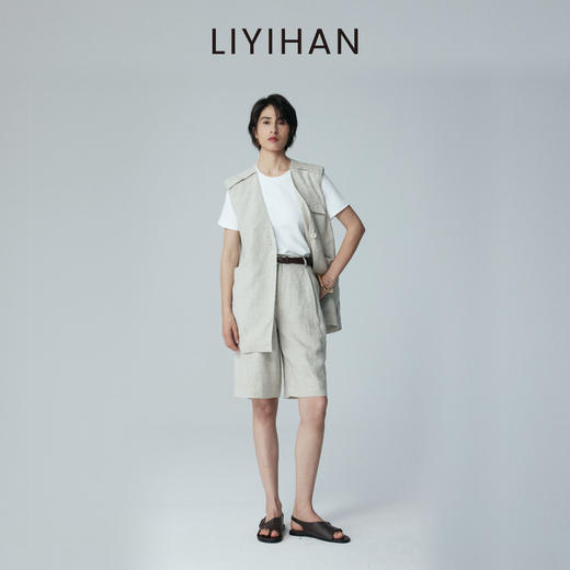 LIYIHAN 2026夏新款通勤马甲米杏色女马夹亚麻上衣套装小众设计感 商品图0