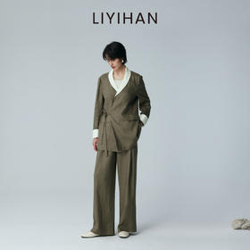 LIYIHAN 2026夏季新款通勤女西装绿色上衣亚麻外套套装小众设计感