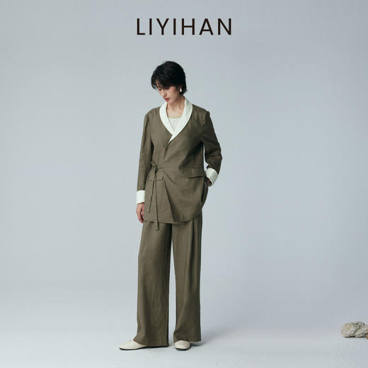 LIYIHAN 2026夏季新款通勤女西装绿色上衣亚麻外套套装小众设计感 商品图0