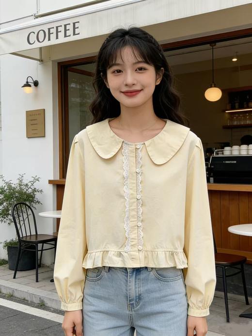 品牌促【自营】衣周期 5097韩版拼蕾丝减龄宽松百搭纯色翻领小衫上衣-喜出 商品图4
