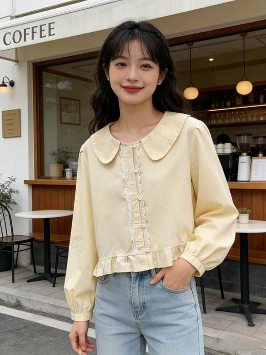 品牌促【自营】衣周期 5097韩版拼蕾丝减龄宽松百搭纯色翻领小衫上衣-喜出 商品图1