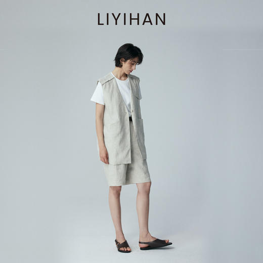LIYIHAN 2026夏新款通勤马甲米杏色女马夹亚麻上衣套装小众设计感 商品图3