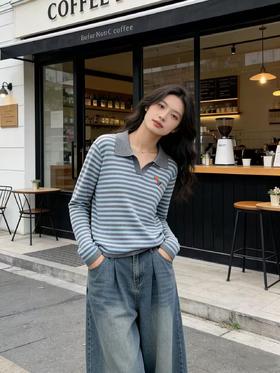 418良粉节|2026 活动爆款 羊毛衫！春薄款！品牌促➡️【自营】衣周期格亿（30%羊毛）3589小马刺绣翻领针织条纹羊毛衫-喜出