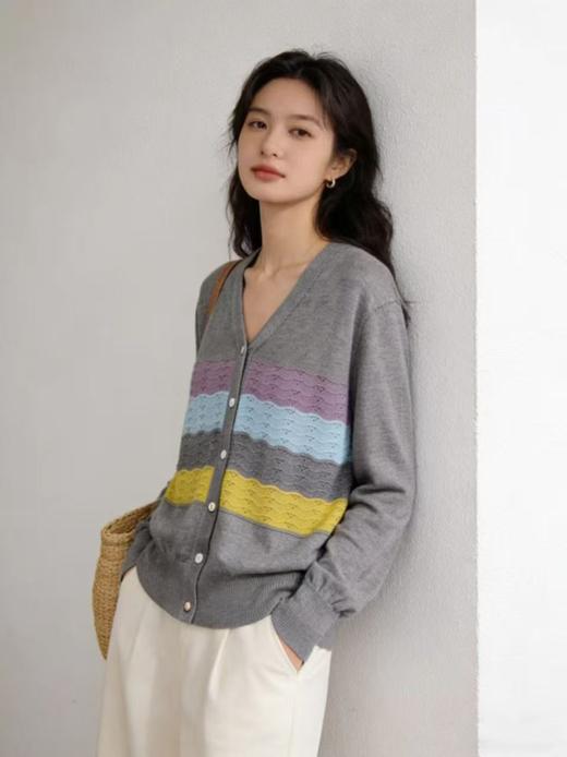 享8折优惠|五一大促羊毛衫！春薄款！品牌促➡️【自营】衣周期格亿（30%羊毛）8554 V领彩色条花纱拼色羊毛开衫-喜出 商品图3