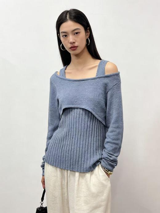 418良粉节|2026 活动爆款 品牌促➡️薄款【自营】衣周期8610一字肩假两件设计感镂空针织上衣-喜出 商品图7