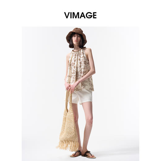 VIMAGE纬漫纪度假风挂脖露肩显瘦无袖印花上衣2026夏季新款V2513221 商品图0