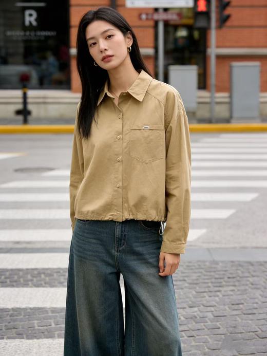 418良粉节|2026 活动爆款 品牌促【自营】衣周期 6055韩版100%棉宽松短款可抽绳衬衫上衣-喜出 商品图1