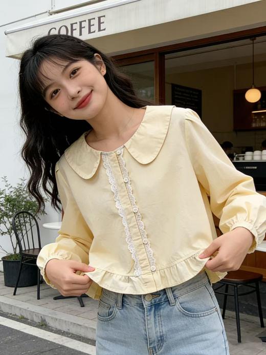 品牌促【自营】衣周期 5097韩版拼蕾丝减龄宽松百搭纯色翻领小衫上衣-喜出 商品图2
