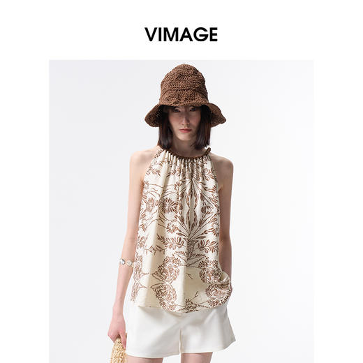 VIMAGE纬漫纪度假风挂脖露肩显瘦无袖印花上衣2026夏季新款V2513221 商品图3