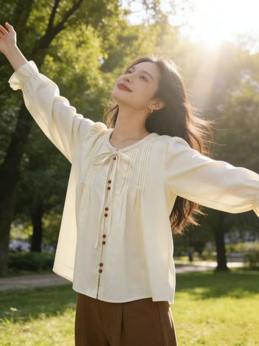 418良粉节|2026 活动爆款 品牌促【自营】衣周期 7906韩版100%棉圆领系带压褶圆领小衫上衣-喜出 商品图0