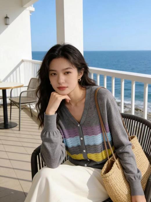 享8折优惠|五一大促羊毛衫！春薄款！品牌促➡️【自营】衣周期格亿（30%羊毛）8554 V领彩色条花纱拼色羊毛开衫-喜出 商品图1