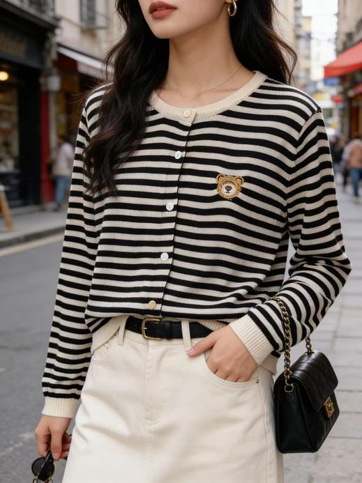 羊毛衫！春薄款！品牌促➡️【自营】衣周期格亿（30%羊毛）8925小熊刺绣针织条纹羊毛开衫-喜出 商品图7