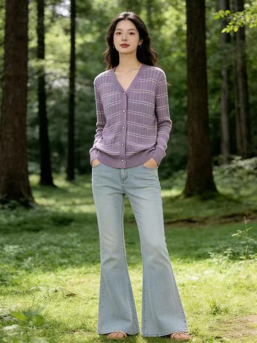 418良粉节|2026 活动爆款 品牌促➡️春薄款羊毛衫【自营】衣周期格亿（30%羊毛）6908 V领针织条纹花纱羊毛开衫-喜出 商品图0