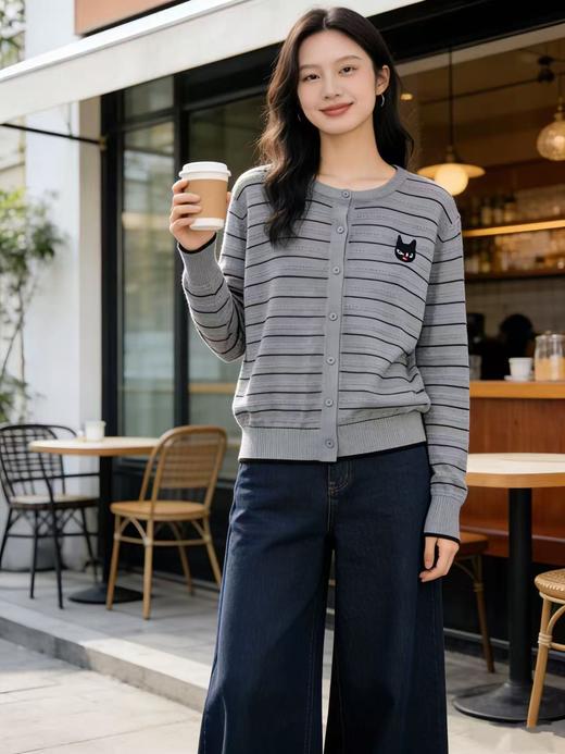 羊毛衫！春薄款！品牌促➡️【自营】衣周期格亿（30%羊毛）6909猫猫刺绣镂空针织条纹羊毛开衫-喜出 商品图6