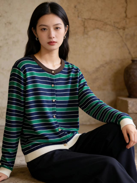 羊毛衫！春薄款！品牌促➡️【自营】衣周期格亿（30%羊毛）3597针织条纹花纱羊毛开衫-喜出