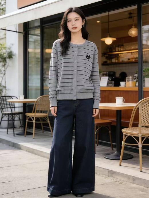 羊毛衫！春薄款！品牌促➡️【自营】衣周期格亿（30%羊毛）6909猫猫刺绣镂空针织条纹羊毛开衫-喜出 商品图4