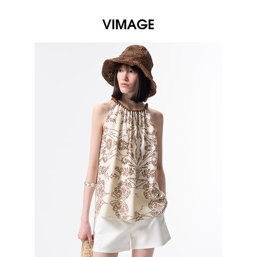 VIMAGE纬漫纪度假风挂脖露肩显瘦无袖印花上衣2026夏季新款V2513221 商品图4
