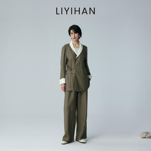 LIYIHAN 2026夏季新款通勤女西装绿色上衣亚麻外套套装小众设计感 商品图1