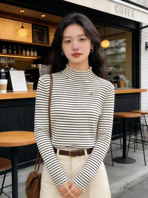 418良粉节|2026 活动爆款 羊毛衫！春薄款！品牌促➡️【自营】衣周期格亿（6%羊毛）9196木耳边半高领条纹百搭针织上衣-喜出 商品图6