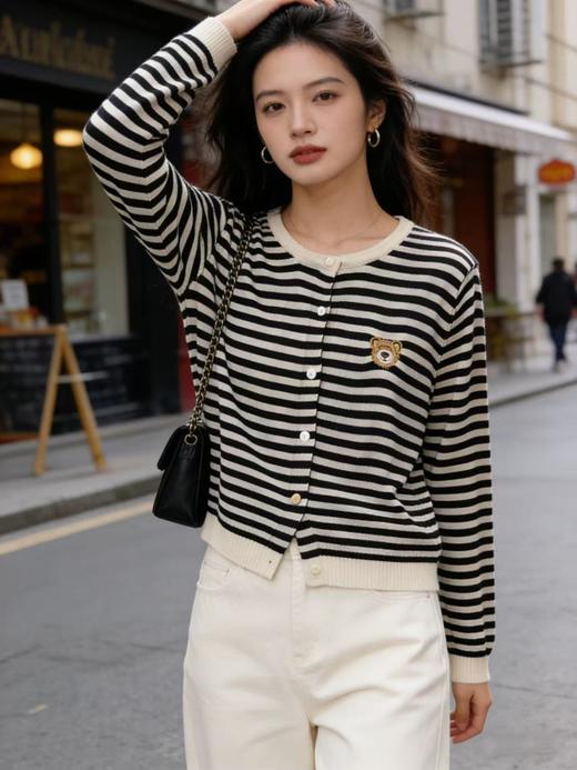 羊毛衫！春薄款！品牌促➡️【自营】衣周期格亿（30%羊毛）8925小熊刺绣针织条纹羊毛开衫-喜出 商品图8