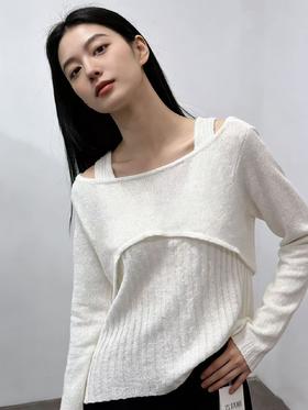 418良粉节|2026 活动爆款 品牌促➡️薄款【自营】衣周期8610一字肩假两件设计感镂空针织上衣-喜出