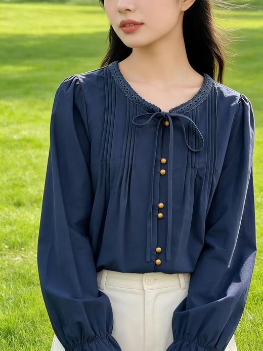 418良粉节|2026 活动爆款 品牌促【自营】衣周期 7906韩版100%棉圆领系带压褶圆领小衫上衣-喜出 商品图4