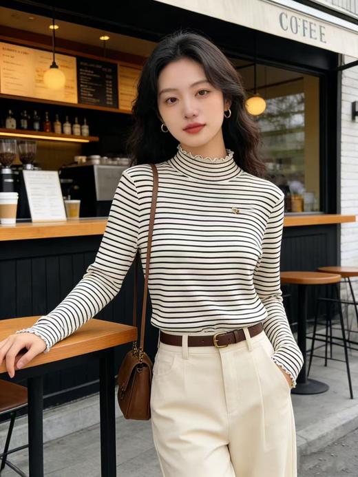 418良粉节|2026 活动爆款 羊毛衫！春薄款！品牌促➡️【自营】衣周期格亿（6%羊毛）9196木耳边半高领条纹百搭针织上衣-喜出 商品图8