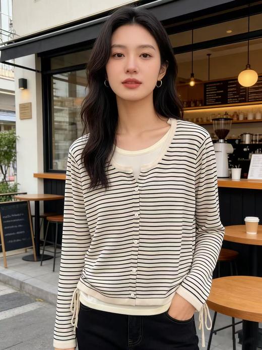 羊毛衫！春薄款！品牌促➡️【自营】衣周期格亿（30%羊毛）8529假两件花纱条纹羊毛开衫-喜出 商品图0