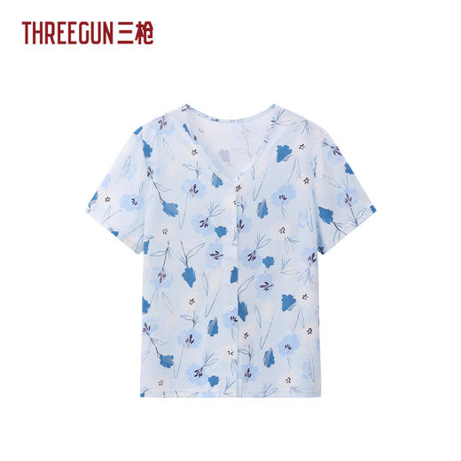Threegun三枪 水柔棉印花V领开襟短袖女衫-T80032A01 商品图1