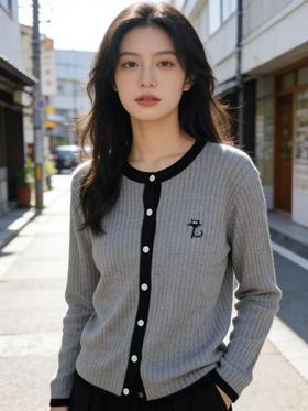 羊毛衫！春薄款！品牌促➡️【自营】衣周期格亿（30%羊毛）8523刺绣猫竖纹拼色羊毛开衫-喜出