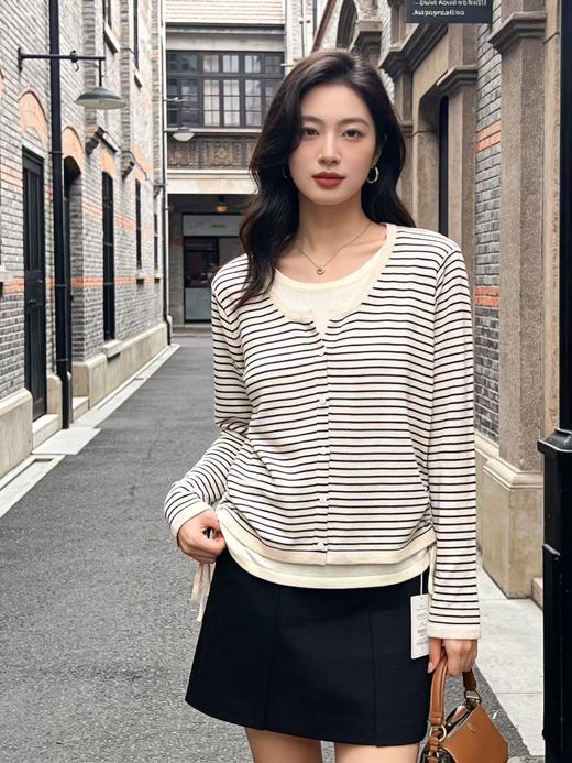 羊毛衫！春薄款！品牌促➡️【自营】衣周期格亿（30%羊毛）8529假两件花纱条纹羊毛开衫-喜出 商品图1