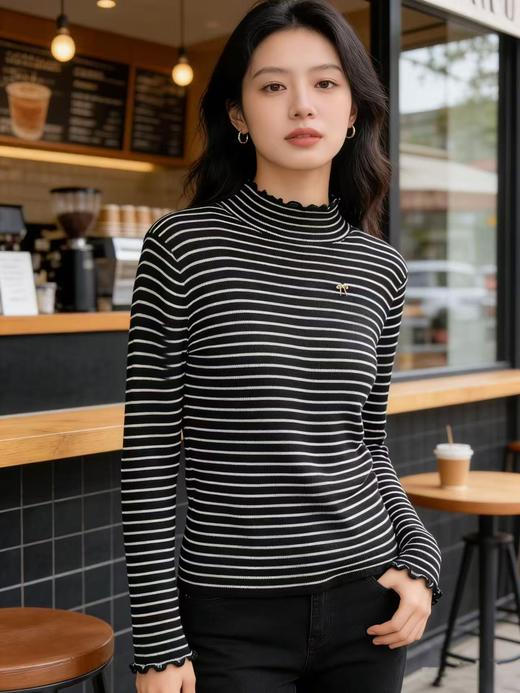 418良粉节|2026 活动爆款 羊毛衫！春薄款！品牌促➡️【自营】衣周期格亿（6%羊毛）9196木耳边半高领条纹百搭针织上衣-喜出 商品图3