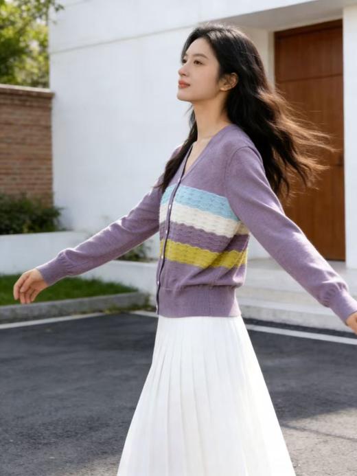 享8折优惠|五一大促羊毛衫！春薄款！品牌促➡️【自营】衣周期格亿（30%羊毛）8554 V领彩色条花纱拼色羊毛开衫-喜出 商品图5