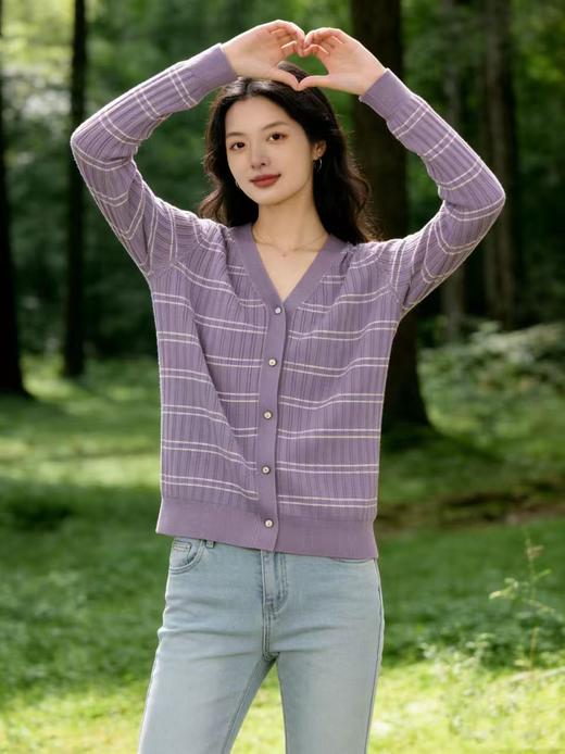 418良粉节|2026 活动爆款 品牌促➡️春薄款羊毛衫【自营】衣周期格亿（30%羊毛）6908 V领针织条纹花纱羊毛开衫-喜出 商品图2