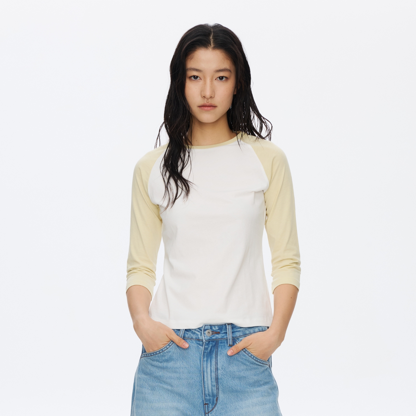 Oneup撞色插肩七分袖T恤