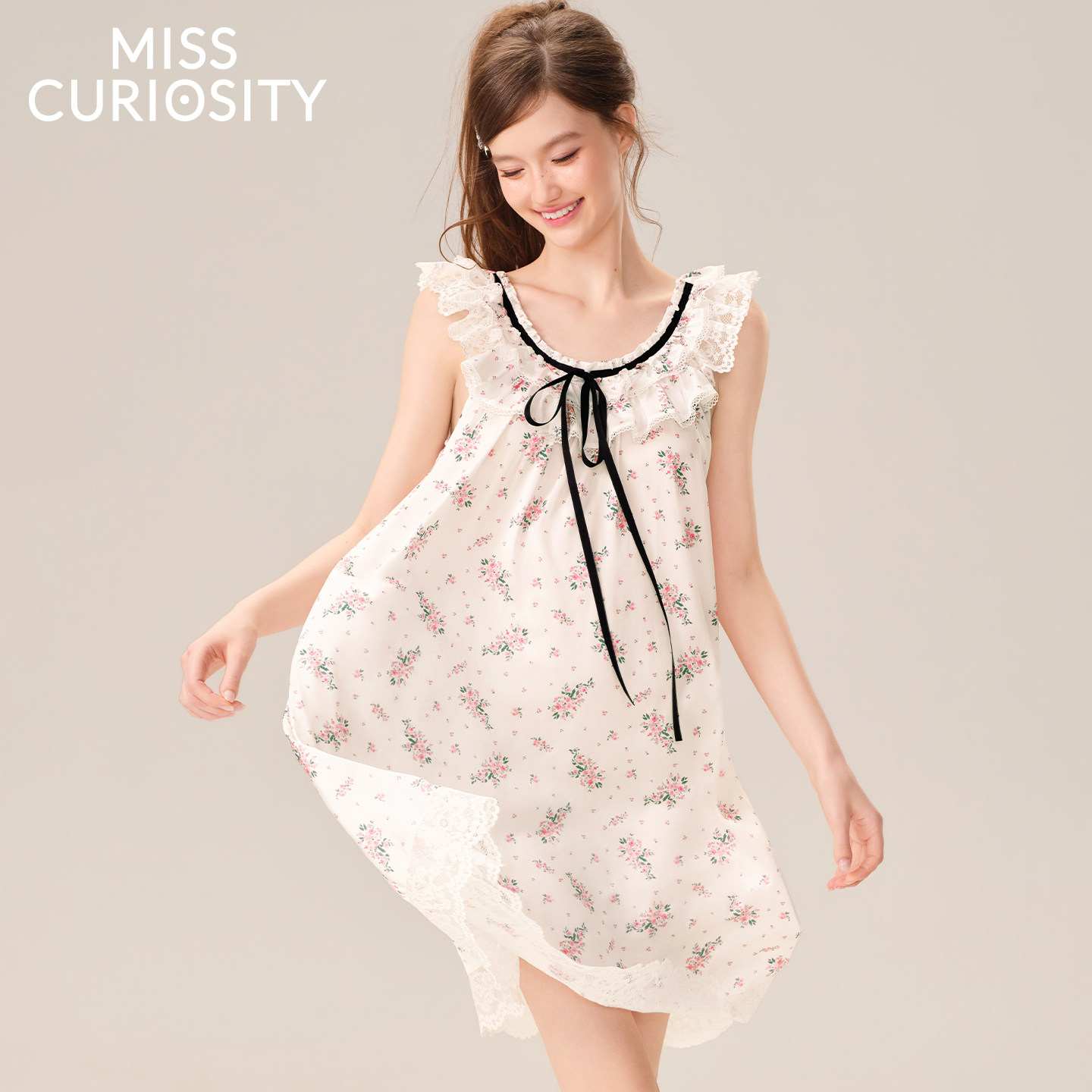 好奇蜜斯春季新款透气清爽不易静电蝴蝶结元气少女居家服睡衣裙女-福恩