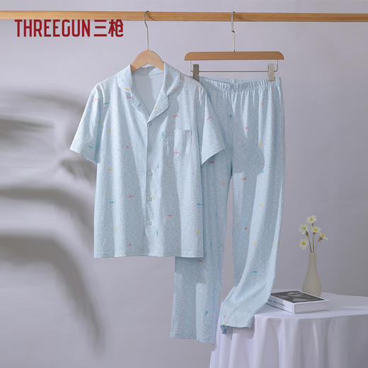 Threegun三枪 水柔棉翻领开襟短袖长裤女家居套-T80150D01 商品图0