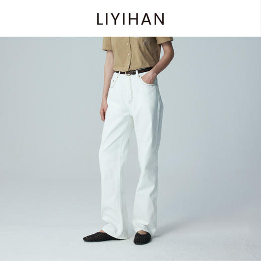 LIYIHAN 2026夏季新款女纯棉直筒牛仔裤白色通勤长裤子小众设计感 商品图2