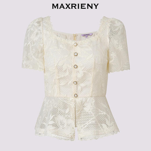 MAXRIENY波嬉风镂空蕾丝方领上衣女高级气质感修身显瘦25夏季女装(货号:MS86TP260) 商品图4