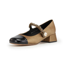 westory秋季新款法式粗跟仙女风玛丽珍女鞋复古拼色单鞋W23CE73131