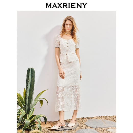 MAXRIENY波嬉风镂空蕾丝方领上衣女高级气质感修身显瘦25夏季女装(货号:MS86TP260) 商品图1