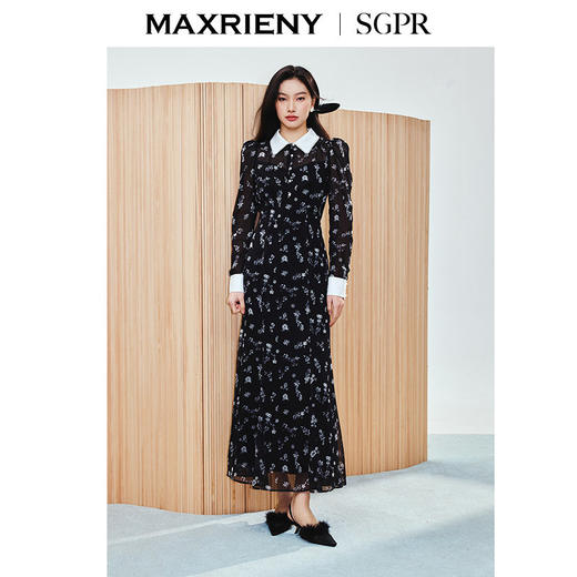 【SGPR】精致法式印花连衣裙文艺复古感钉珠收腰长裙(货号:MU86DR009) 商品图0