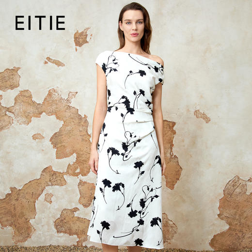 EITIE爱特爱夏季新款法式气质通勤一字领印花收腰显瘦连衣裙8207932 商品图0