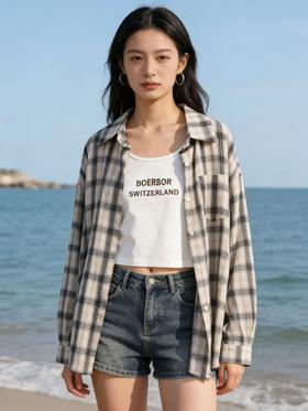 418良粉节|2026 活动爆款 品牌促【自营】衣周期 （两件套）9127春夏薄款～100%棉浅蓝灰格子衬衫➕背心套装上衣-喜出