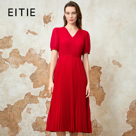 EITIE爱特爱法式优雅显瘦V领收腰百褶垂坠连衣裙夏季新款8207959 商品图1