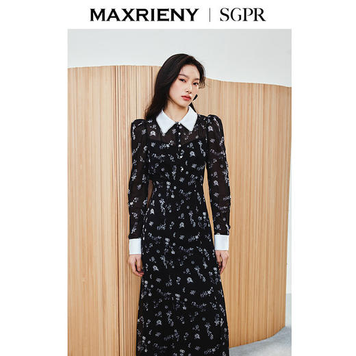 【SGPR】精致法式印花连衣裙文艺复古感钉珠收腰长裙(货号:MU86DR009) 商品图2