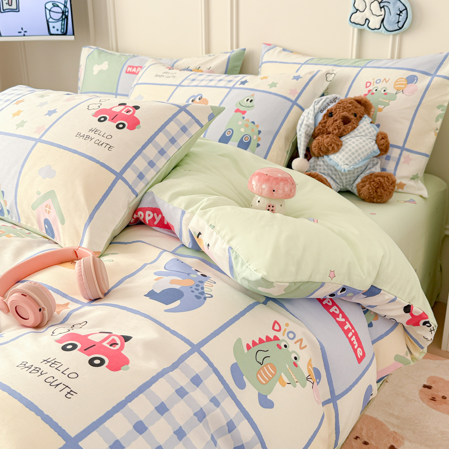 【春夏上新】自然醒全棉简约四件套40支12868卡通印花四件套兔与花笺系列大耳朵兔兔100纯棉儿童三件套JY