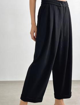 促→垂感面料裤！【自营】2578黑色百搭松紧腰卷边九分哈伦裤-喜出