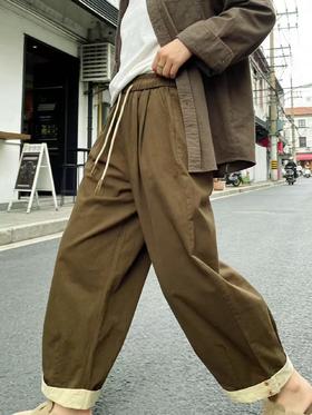 品牌促【自营】衣周期 8082松紧腰卷边宽松九分休闲裤-喜出